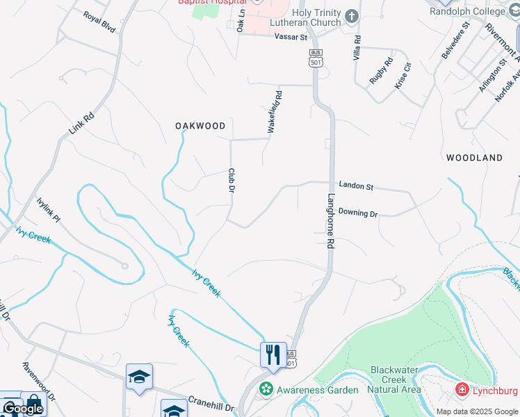 map of restaurants, bars, coffee shops, grocery stores, and more near 3432 Landon Street in Lynchburg