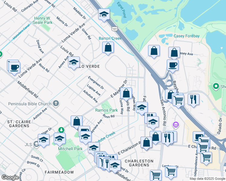 map of restaurants, bars, coffee shops, grocery stores, and more near 3686 Louis Road in Palo Alto