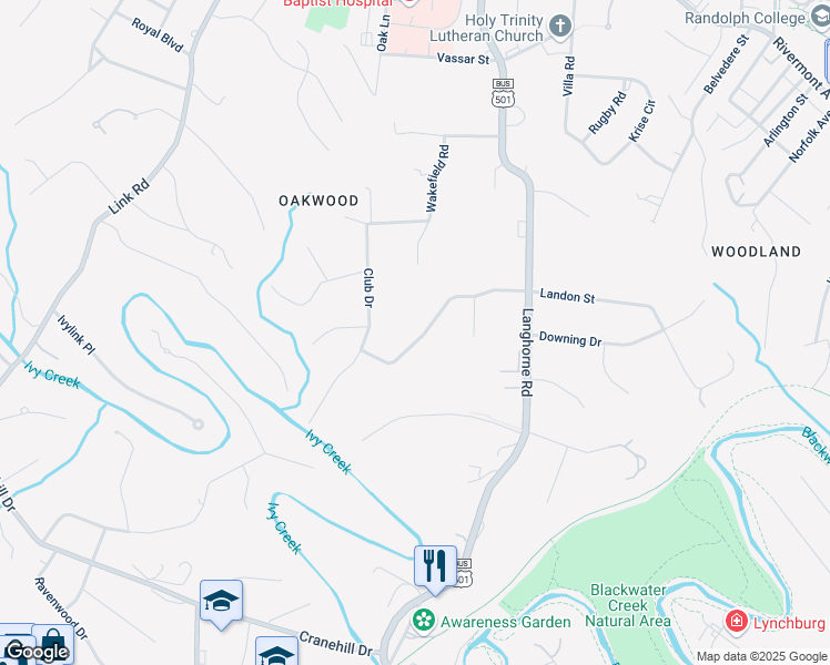 map of restaurants, bars, coffee shops, grocery stores, and more near 3432 Landon Street in Lynchburg