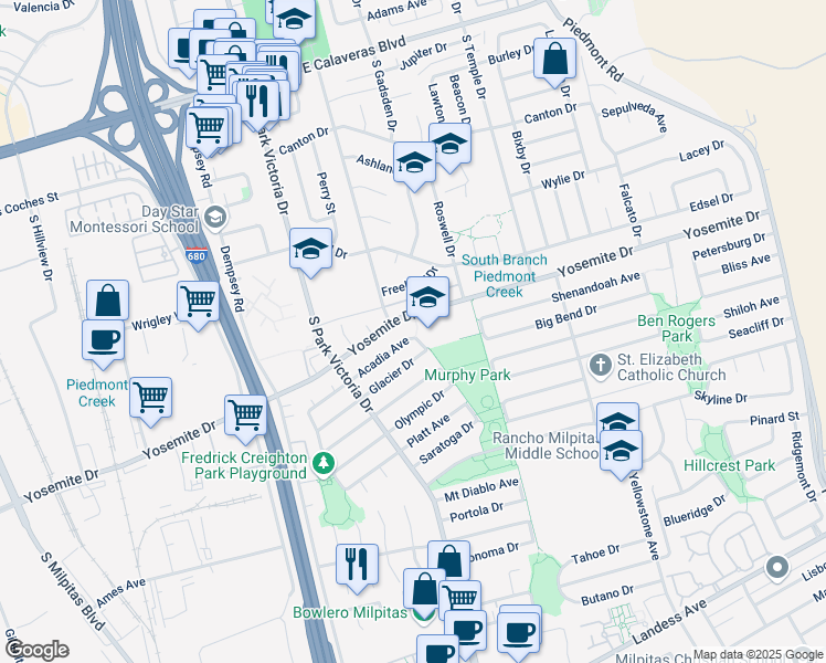 map of restaurants, bars, coffee shops, grocery stores, and more near 1445 Acadia Ave in Milpitas
