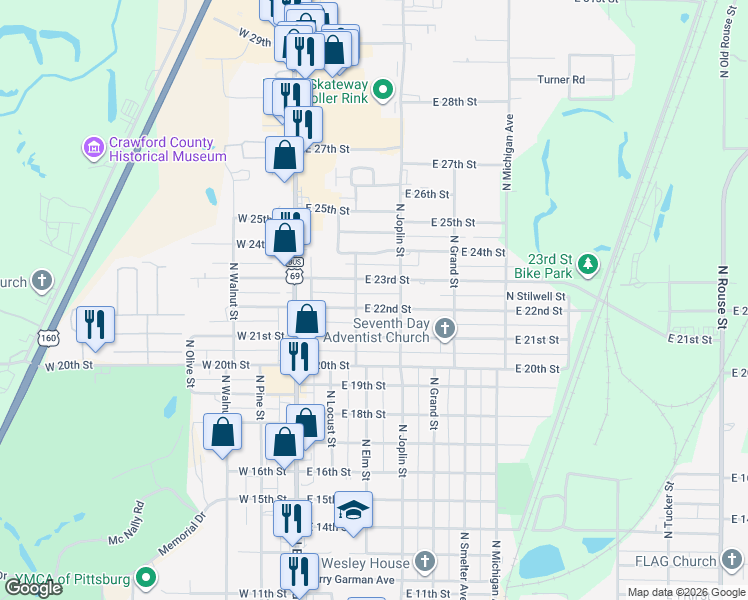 map of restaurants, bars, coffee shops, grocery stores, and more near 201-399 E 22nd St in Pittsburg