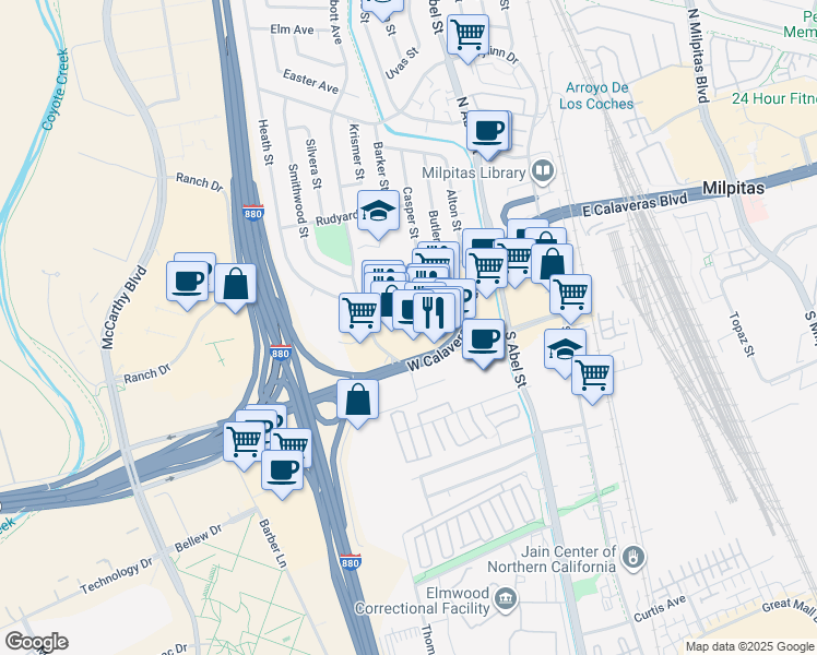 map of restaurants, bars, coffee shops, grocery stores, and more near 100 Whittier Street in Milpitas