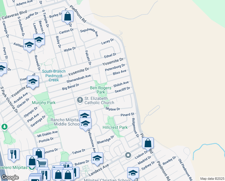 map of restaurants, bars, coffee shops, grocery stores, and more near 2107 Seacliff Drive in Milpitas