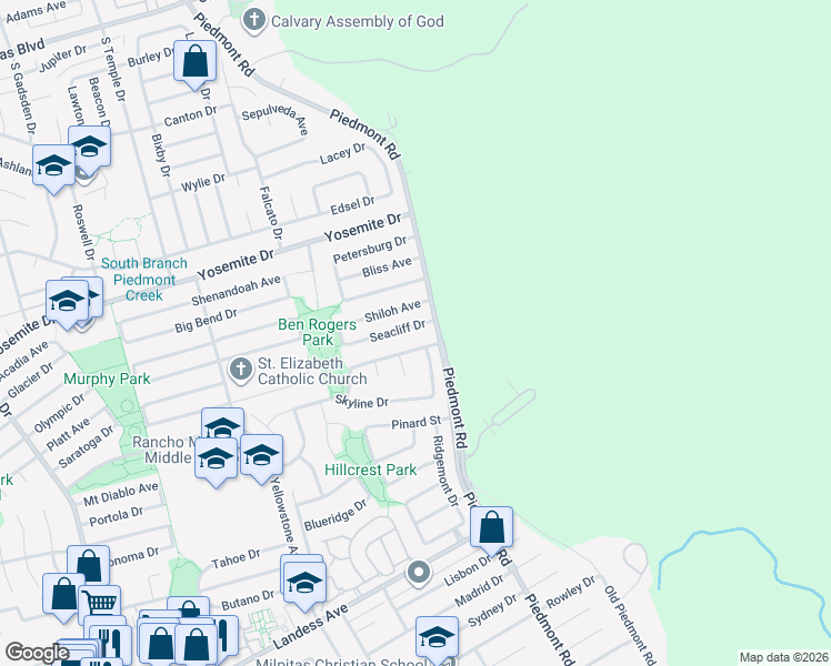 map of restaurants, bars, coffee shops, grocery stores, and more near 2194 Seacliff Drive in Milpitas