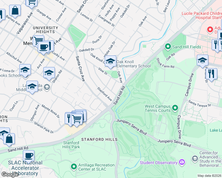 map of restaurants, bars, coffee shops, grocery stores, and more near 15 Perry Avenue in West Menlo Park