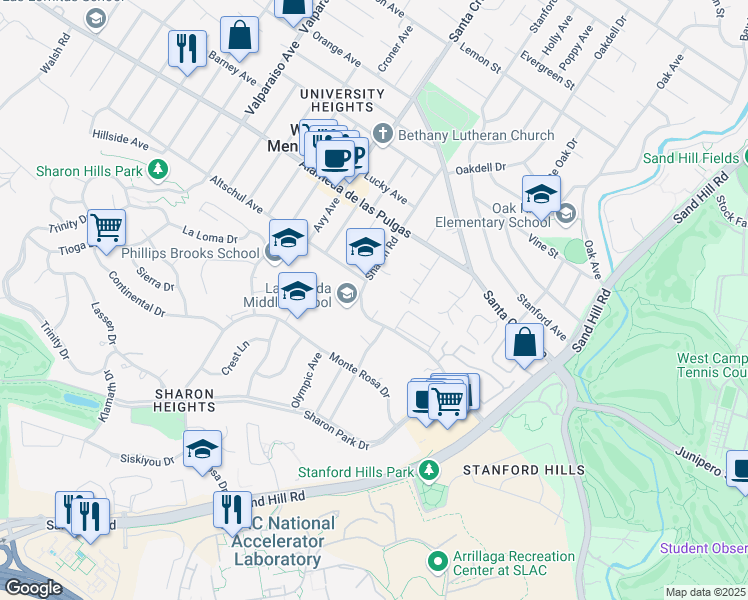 map of restaurants, bars, coffee shops, grocery stores, and more near 2225 Sharon Road in Menlo Park