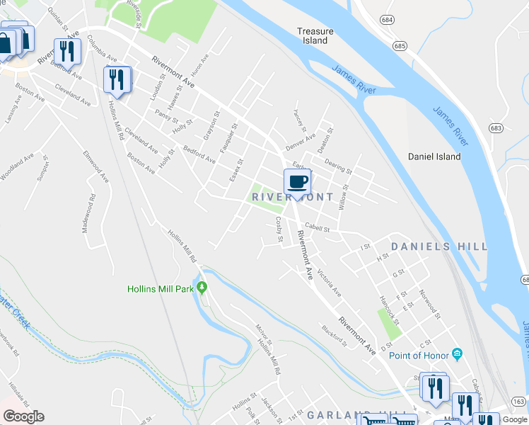 map of restaurants, bars, coffee shops, grocery stores, and more near 1301 Monsview Place in Lynchburg