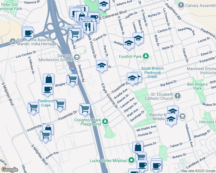 map of restaurants, bars, coffee shops, grocery stores, and more near 517 Bryce Court in Milpitas