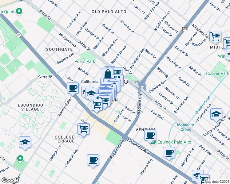 map of restaurants, bars, coffee shops, grocery stores, and more near 238 California Avenue in Palo Alto
