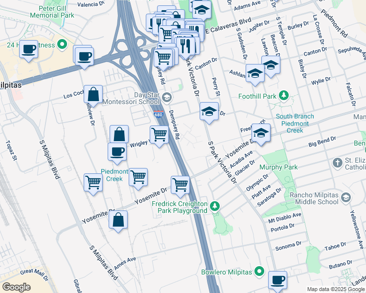 map of restaurants, bars, coffee shops, grocery stores, and more near 424 Dempsey Road in Milpitas