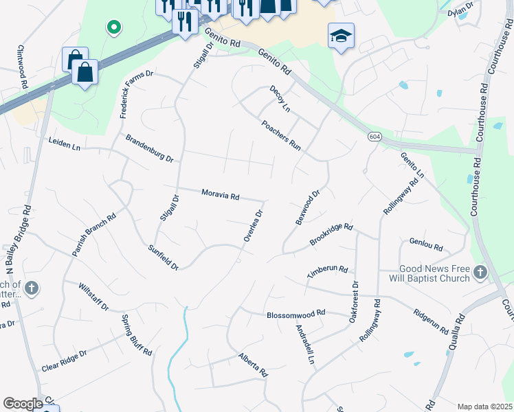 map of restaurants, bars, coffee shops, grocery stores, and more near 4500 Overlea Drive in Midlothian