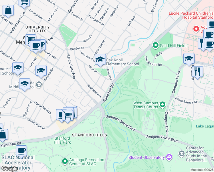 map of restaurants, bars, coffee shops, grocery stores, and more near 2018 Sand Hill Road in Menlo Park