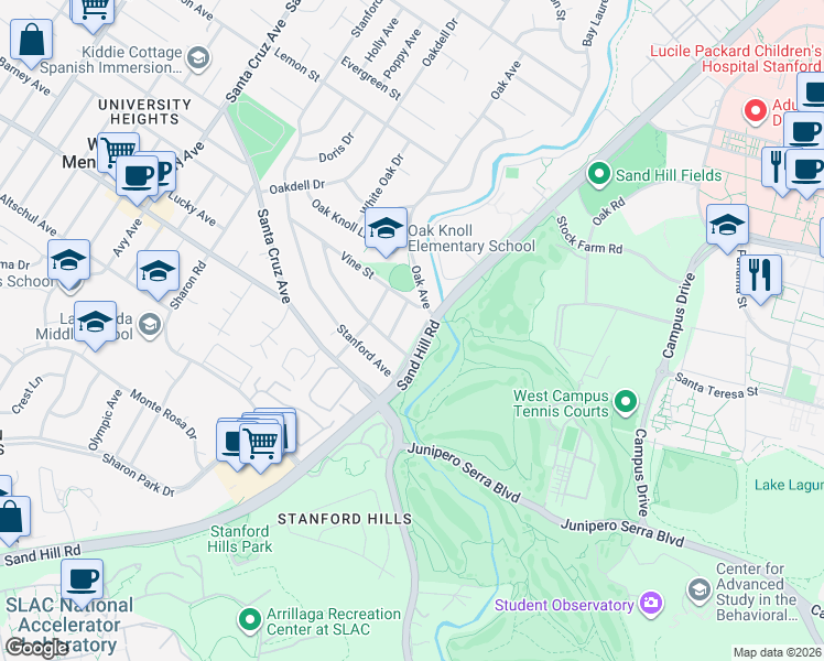 map of restaurants, bars, coffee shops, grocery stores, and more near 2018 Sand Hill Road in Menlo Park