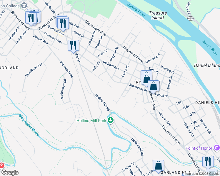 map of restaurants, bars, coffee shops, grocery stores, and more near 1603 Boston Avenue in Lynchburg