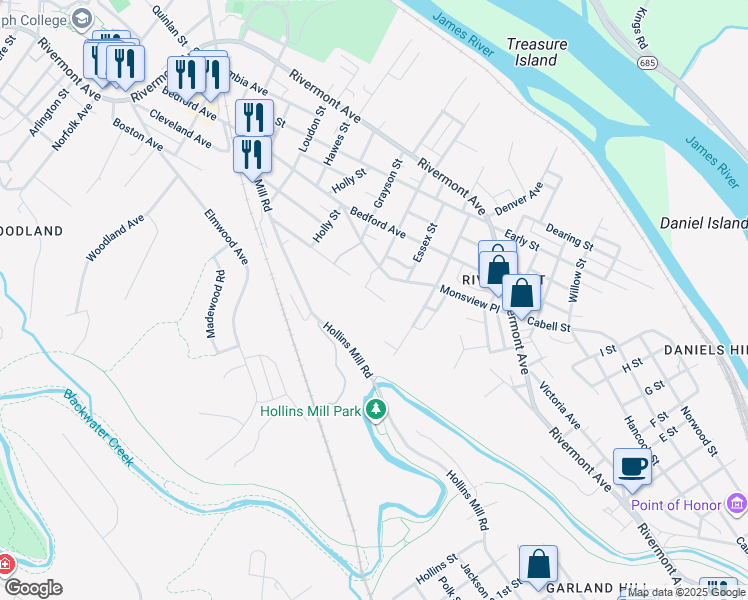 map of restaurants, bars, coffee shops, grocery stores, and more near 1603 Boston Avenue in Lynchburg