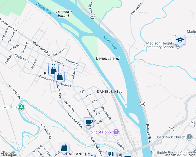map of restaurants, bars, coffee shops, grocery stores, and more near 801 Dearing Street in Lynchburg