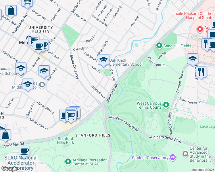 map of restaurants, bars, coffee shops, grocery stores, and more near 15 Perry Avenue in West Menlo Park