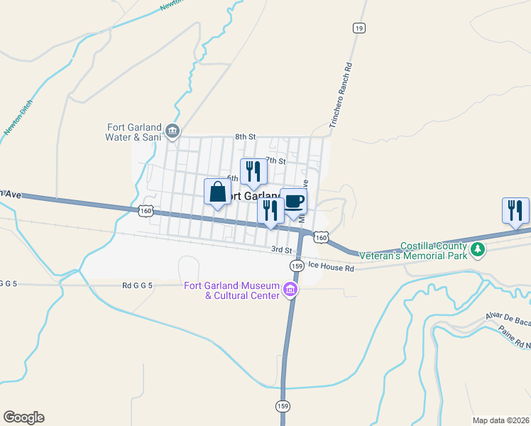 map of restaurants, bars, coffee shops, grocery stores, and more near 414 Saint Vrain Avenue in Fort Garland