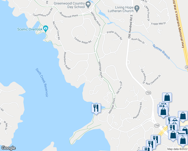 map of restaurants, bars, coffee shops, grocery stores, and more near 13600 Northwich Terrace in Midlothian