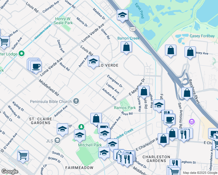 map of restaurants, bars, coffee shops, grocery stores, and more near 3590 Lupine Avenue in Palo Alto