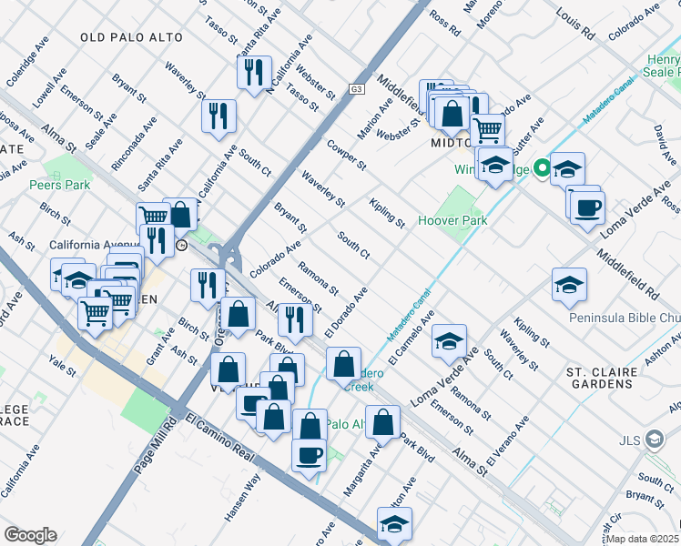 map of restaurants, bars, coffee shops, grocery stores, and more near 2700 Bryant Street in Palo Alto