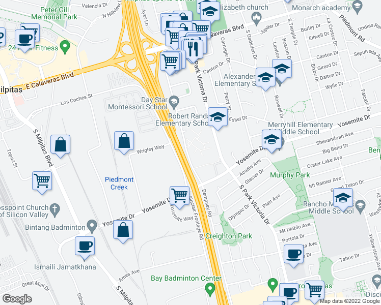 map of restaurants, bars, coffee shops, grocery stores, and more near 424 Dempsey Road in Milpitas