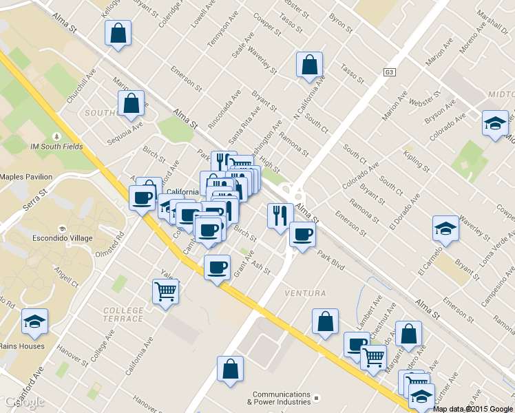 map of restaurants, bars, coffee shops, grocery stores, and more near 2501 Park Boulevard in Palo Alto