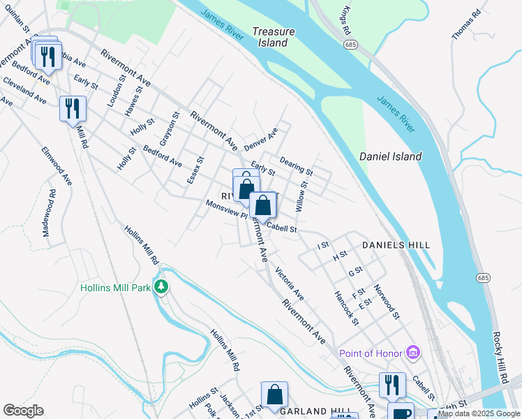 map of restaurants, bars, coffee shops, grocery stores, and more near 1212 Rivermont Avenue in Lynchburg
