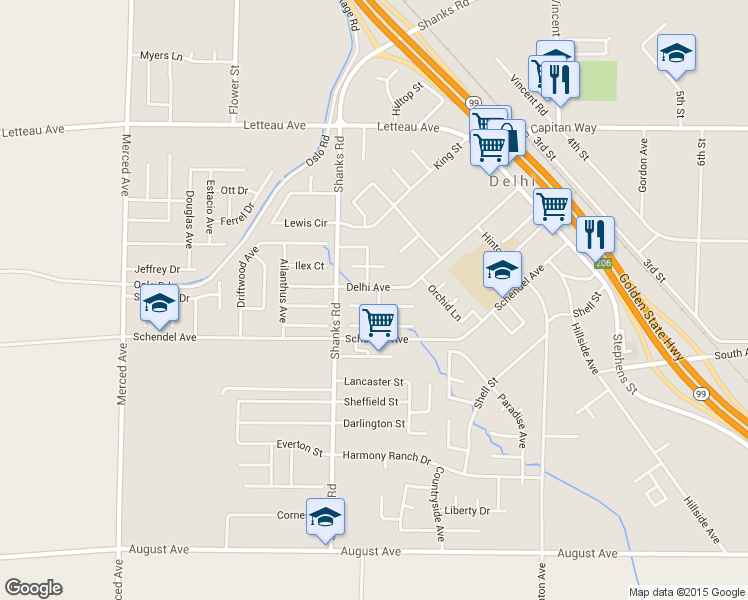 map of restaurants, bars, coffee shops, grocery stores, and more near 16418 Dogwood Court in Delhi