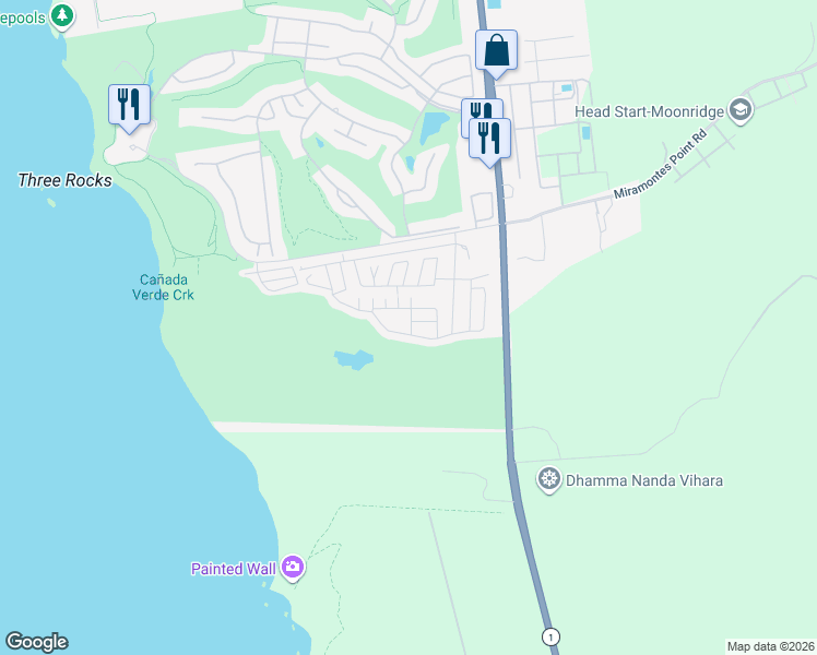 map of restaurants, bars, coffee shops, grocery stores, and more near 3 Coral Way in Half Moon Bay