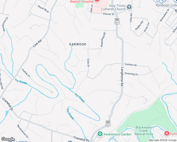 map of restaurants, bars, coffee shops, grocery stores, and more near 1444 Club Drive in Lynchburg