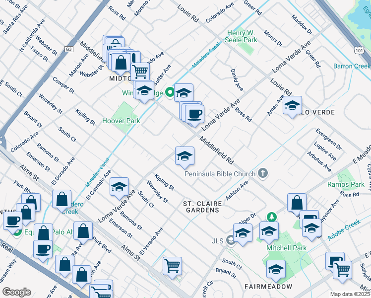 map of restaurants, bars, coffee shops, grocery stores, and more near 626 Loma Verde Avenue in Palo Alto
