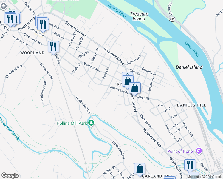 map of restaurants, bars, coffee shops, grocery stores, and more near 1502 Esmond Street in Lynchburg