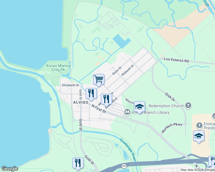 map of restaurants, bars, coffee shops, grocery stores, and more near 1290 Wabash Street in San Jose