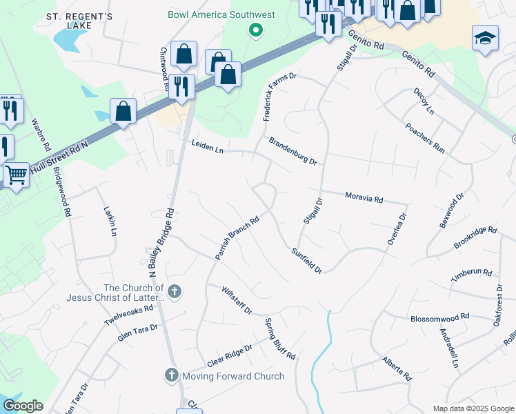 map of restaurants, bars, coffee shops, grocery stores, and more near 11507 Sunfield Drive in Midlothian