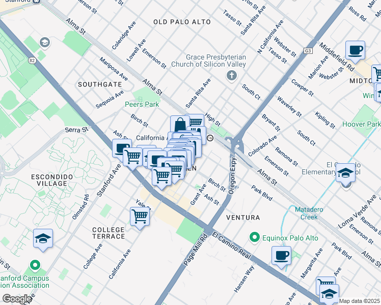map of restaurants, bars, coffee shops, grocery stores, and more near 230 California Avenue in Palo Alto