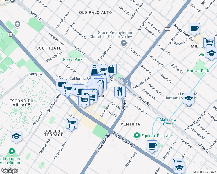 map of restaurants, bars, coffee shops, grocery stores, and more near 2501 Park Boulevard in Palo Alto