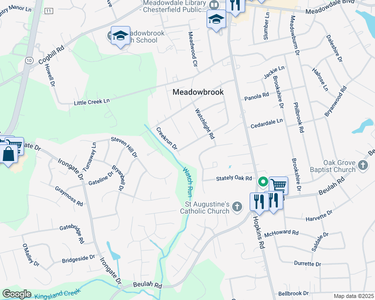 map of restaurants, bars, coffee shops, grocery stores, and more near 4625 Watchspring Drive in Richmond