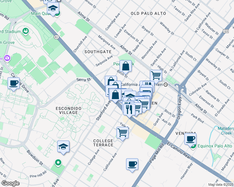 map of restaurants, bars, coffee shops, grocery stores, and more near 453 Stanford Avenue in Palo Alto