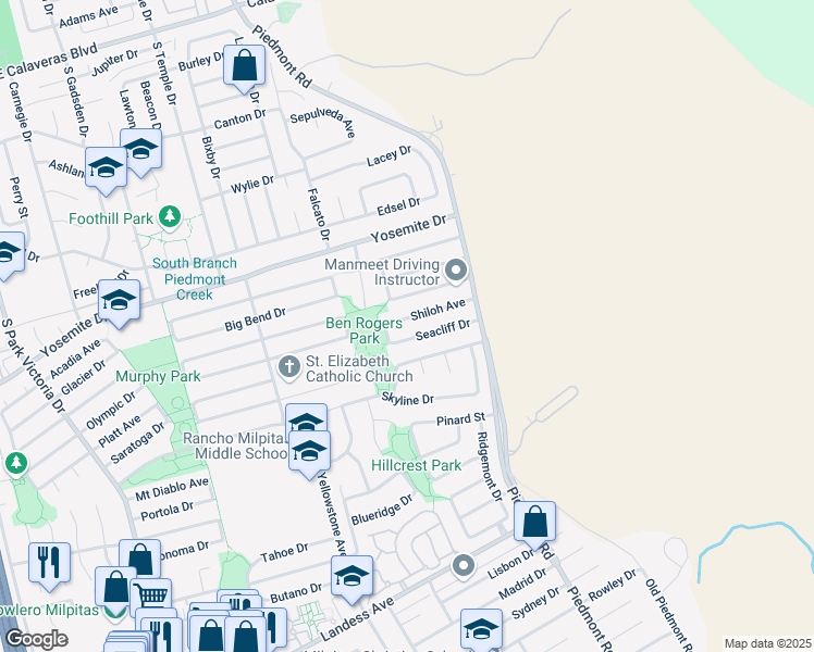 map of restaurants, bars, coffee shops, grocery stores, and more near 2107 Seacliff Drive in Milpitas