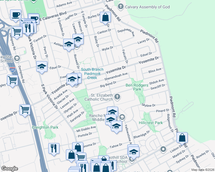 map of restaurants, bars, coffee shops, grocery stores, and more near 1769 Crater Lake Avenue in Milpitas