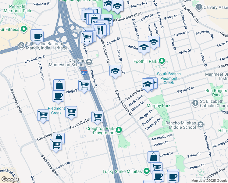 map of restaurants, bars, coffee shops, grocery stores, and more near 436 Dempsey Road in Milpitas
