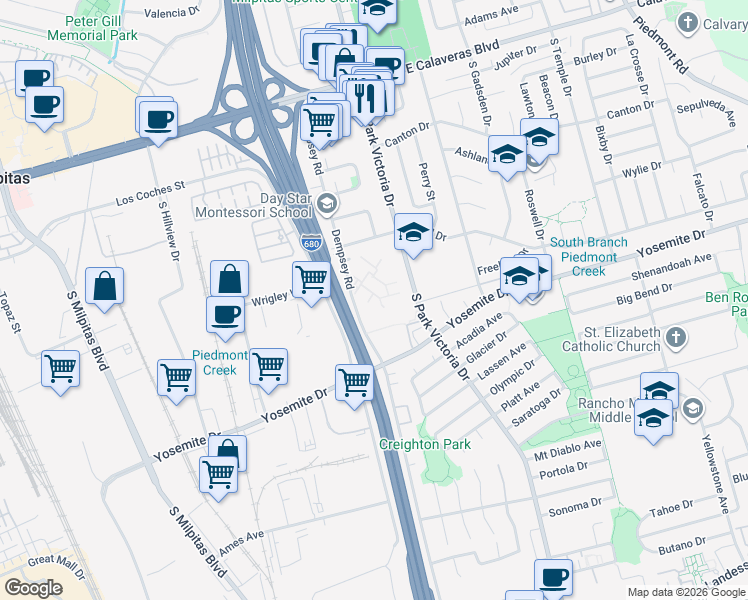 map of restaurants, bars, coffee shops, grocery stores, and more near 424 Dempsey Road in Milpitas