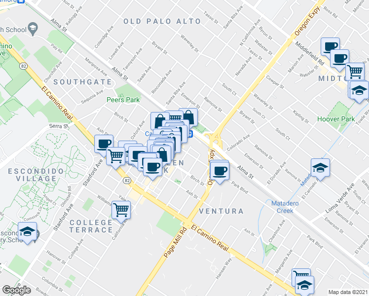 map of restaurants, bars, coffee shops, grocery stores, and more near 2501 Park Boulevard in Palo Alto