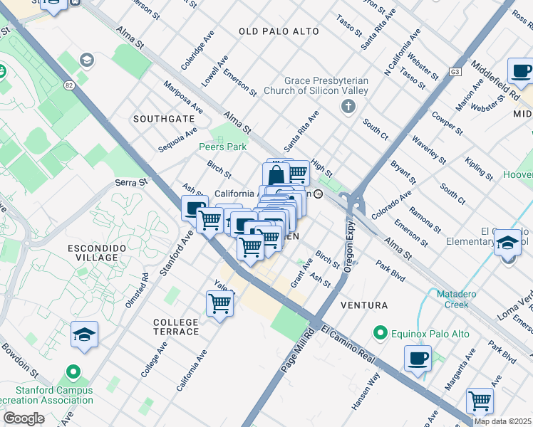 map of restaurants, bars, coffee shops, grocery stores, and more near 350 Cambridge Avenue in Palo Alto