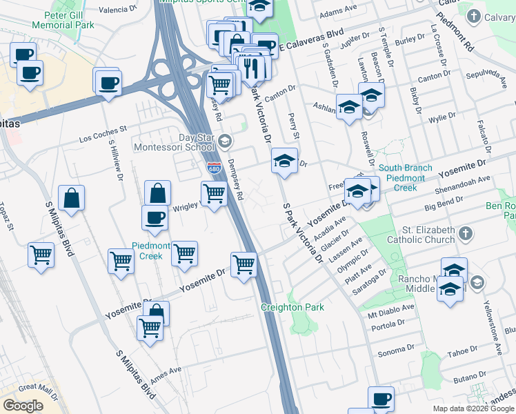 map of restaurants, bars, coffee shops, grocery stores, and more near 424 Dempsey Road in Milpitas