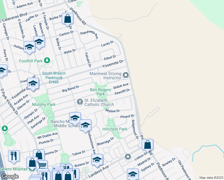 map of restaurants, bars, coffee shops, grocery stores, and more near 2107 Seacliff Drive in Milpitas