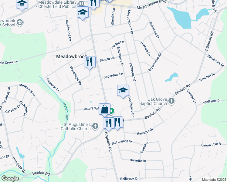 map of restaurants, bars, coffee shops, grocery stores, and more near 6641 Hopkins Road in Richmond