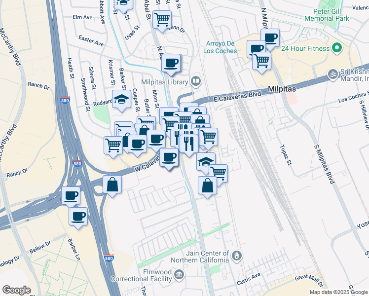 map of restaurants, bars, coffee shops, grocery stores, and more near 61 Serra Way in Milpitas