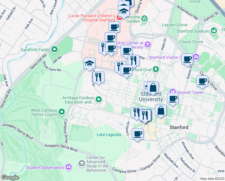 map of restaurants, bars, coffee shops, grocery stores, and more near 473 Via Ortega in Stanford